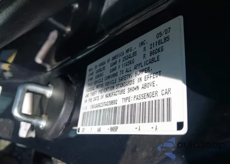 2007 Acura Tl 3.2 из США, поврежденный, VIN 19UUA66237A039892